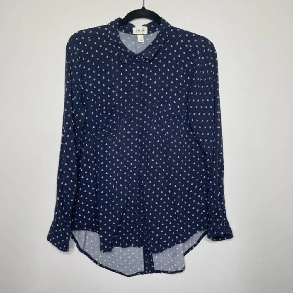 Per Se Button Down Blouse Anchor Print Collared Long Sleeve Shirt Navy Size XL.